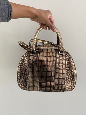 Rochas Metallic Croc-Embossed Dome Satchel Bag
